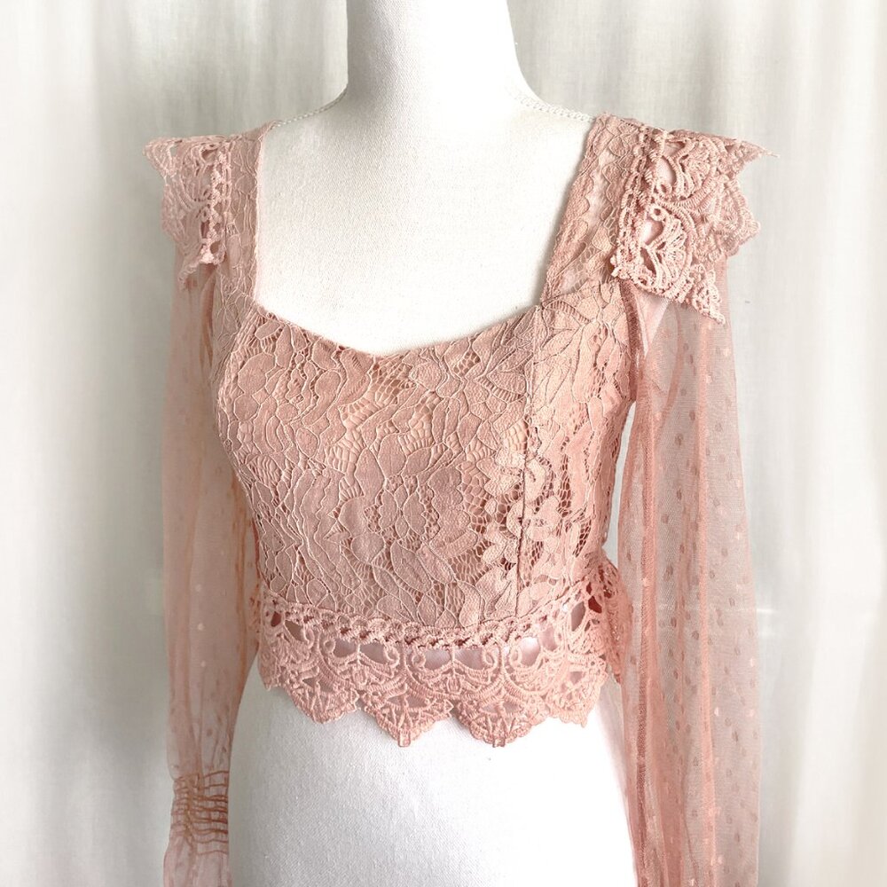 Pink lace women's blouse, very cute, with sheer mesh sleeves. Size S.